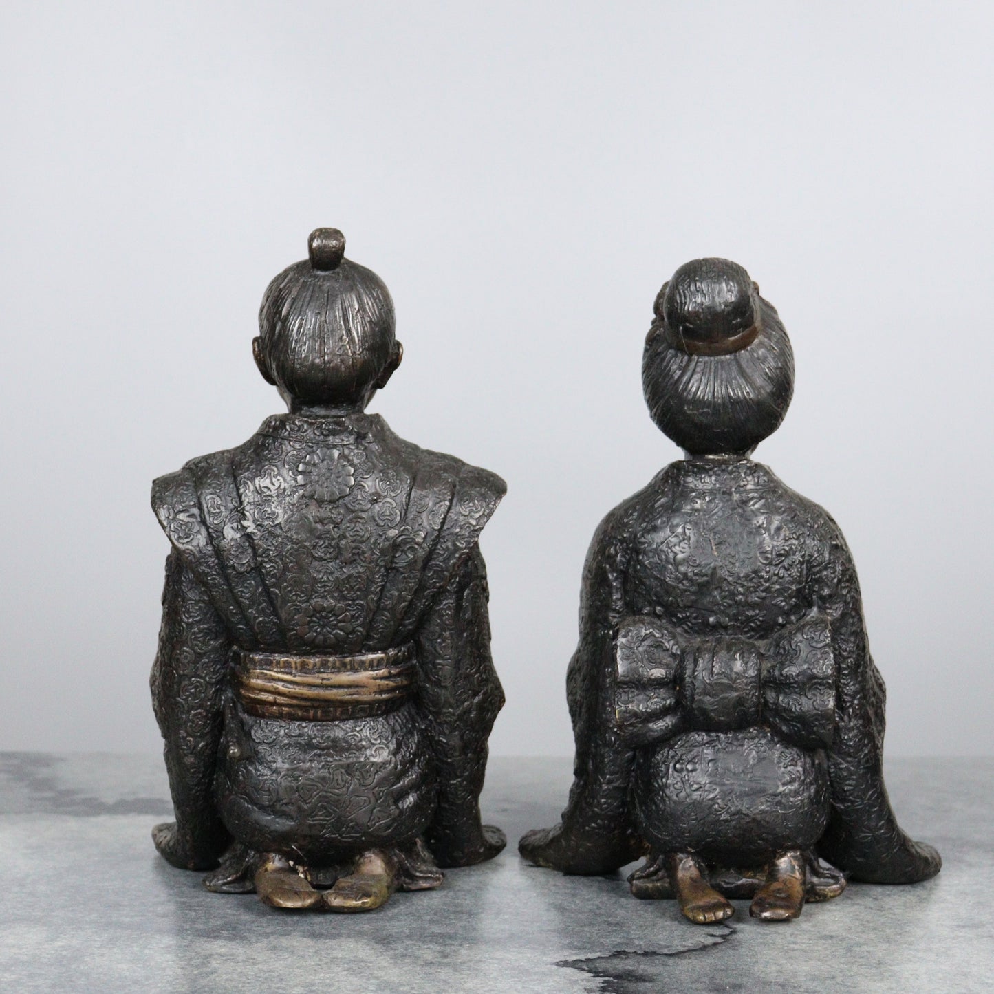 Pair of Bronze Samurai and Wife Statues