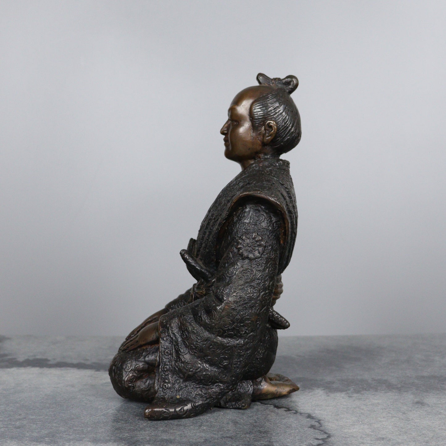 Pair of Bronze Samurai and Wife Statues