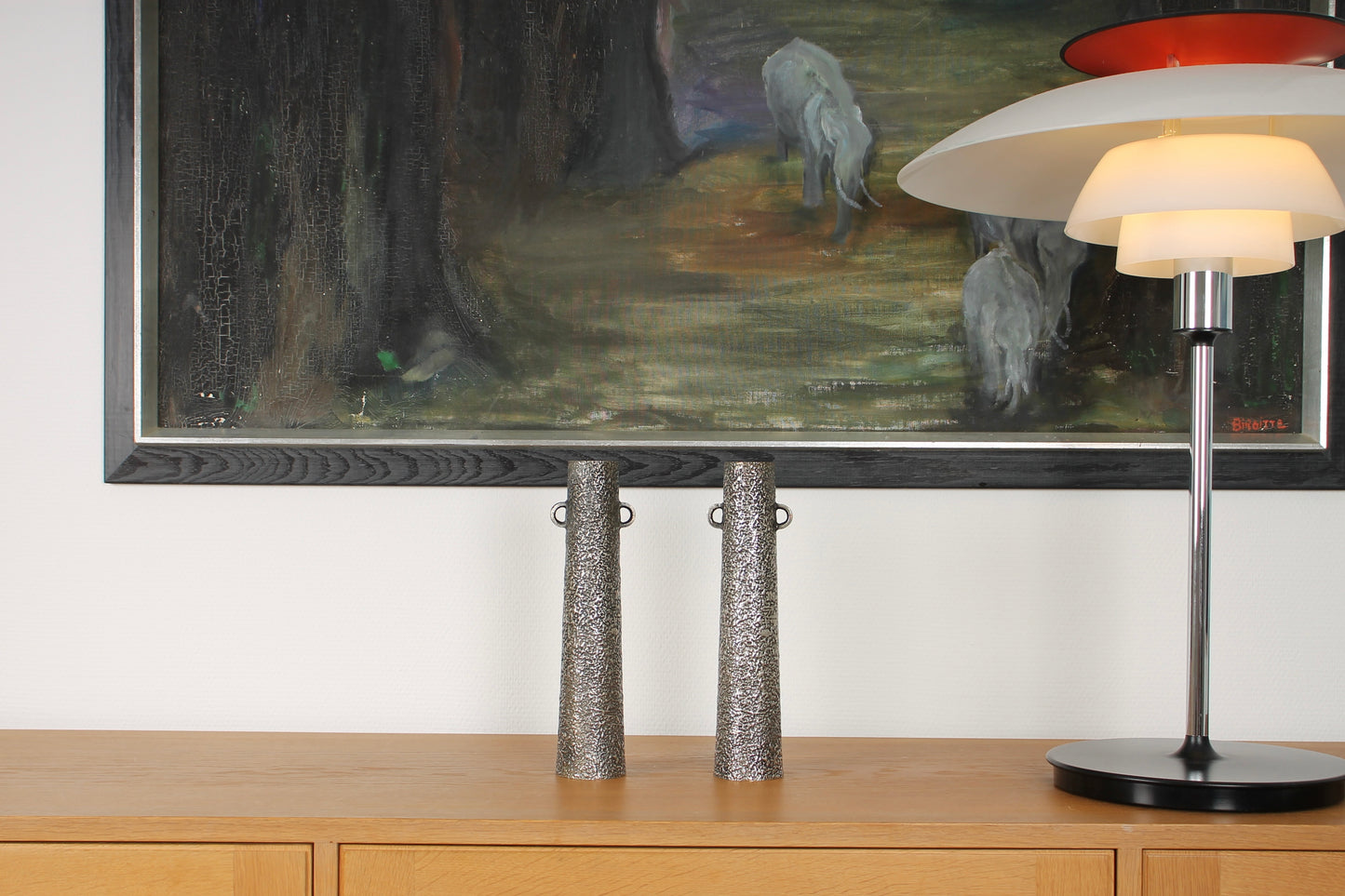 Vintage Japanese Silvered Bronze Pair of Vases by Hōun