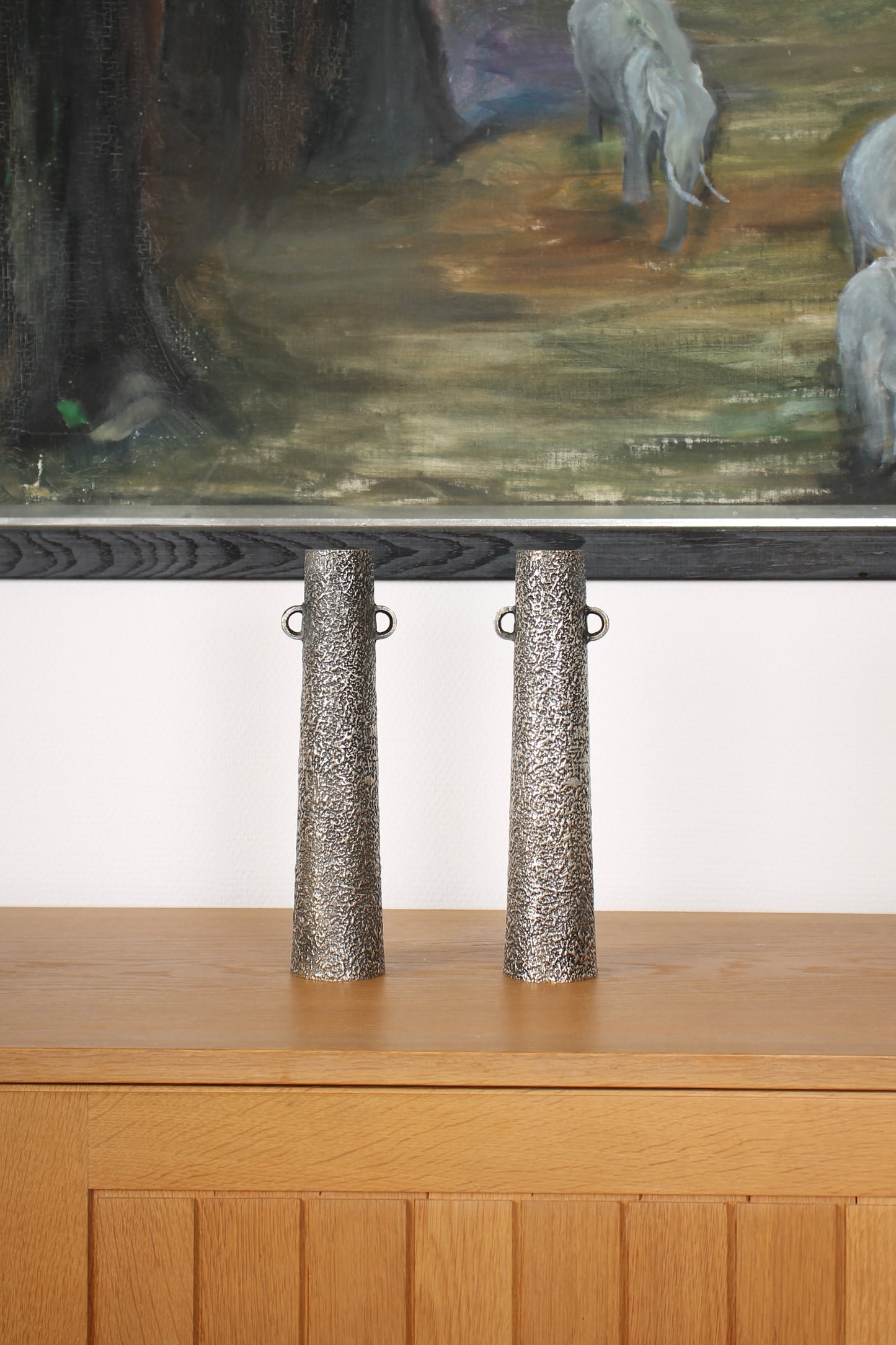 Vintage Japanese Silvered Bronze Pair of Vases by Hōun