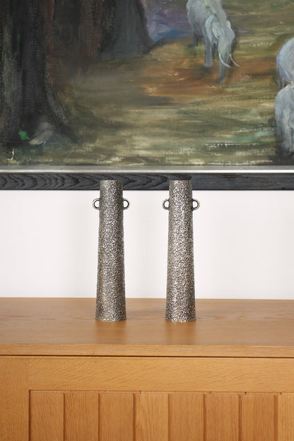 Vintage Japanese Silvered Bronze Pair of Vases by Hōun