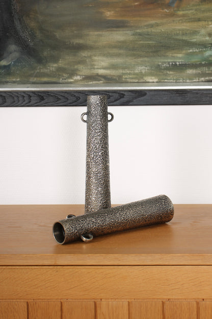 Vintage Japanese Silvered Bronze Pair of Vases by Hōun