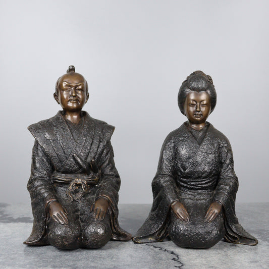 Pair of Bronze Samurai and Wife Statues