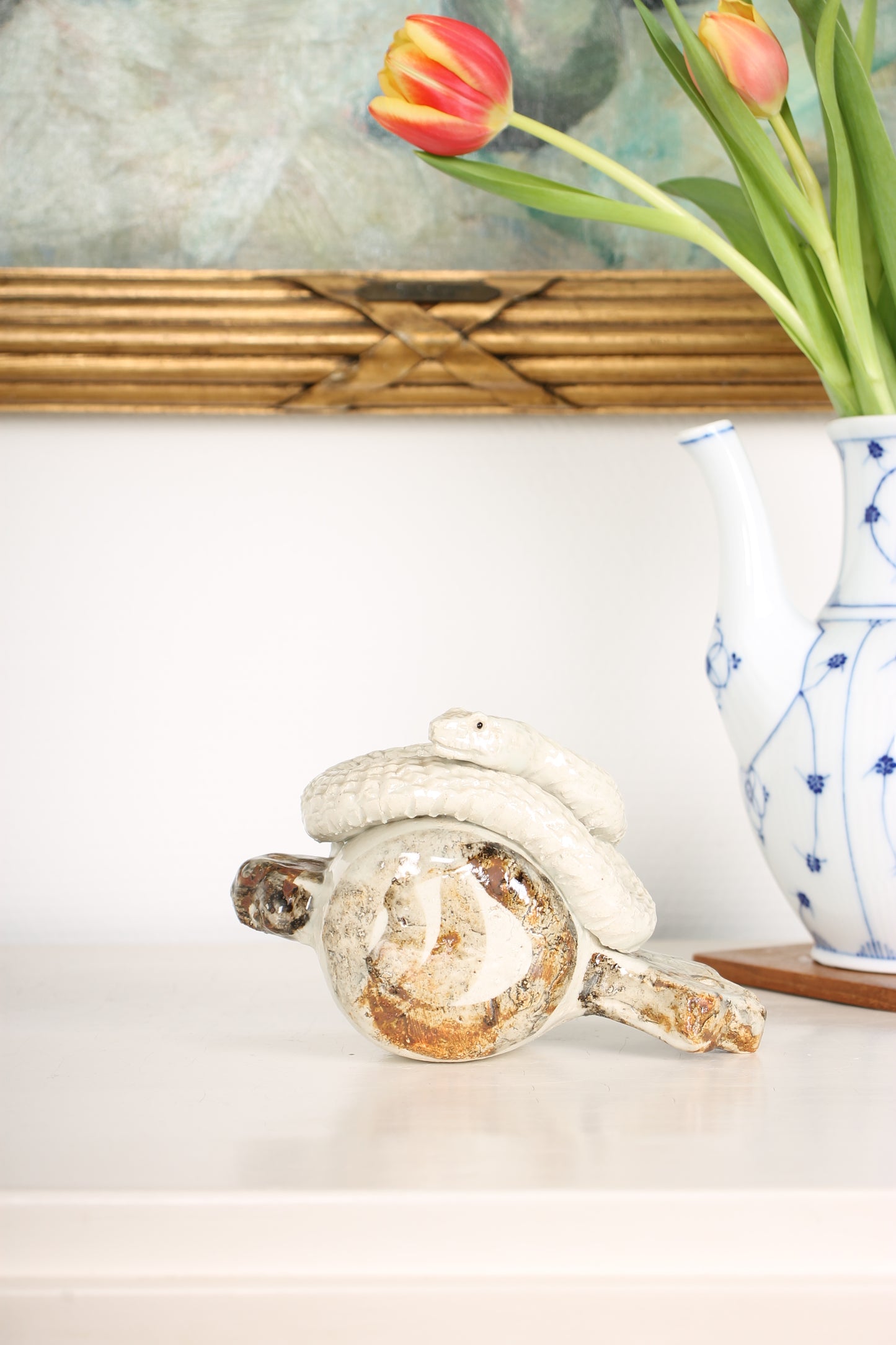 Vintage Japanese Ceramic Snake on a Mallet Sculpture