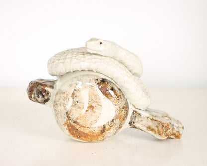 Vintage Japanese Ceramic Snake on a Mallet Sculpture
