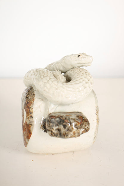 Vintage Japanese Ceramic Snake on a Mallet Sculpture