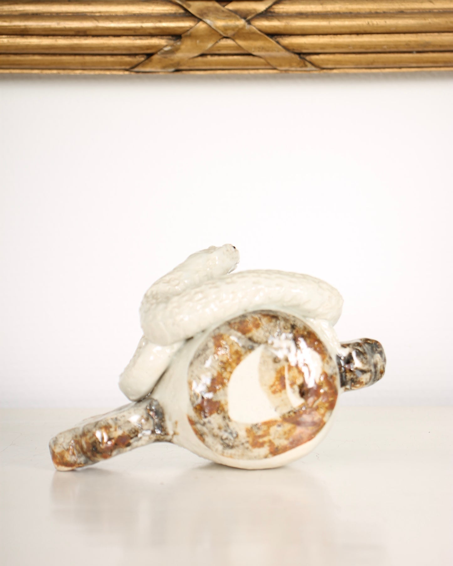 Vintage Japanese Ceramic Snake on a Mallet Sculpture