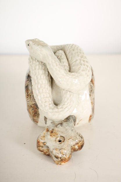 Vintage Japanese Ceramic Snake on a Mallet Sculpture