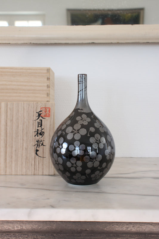 Vintage Black Arita Porcelain Vase with Plum Blossoms
