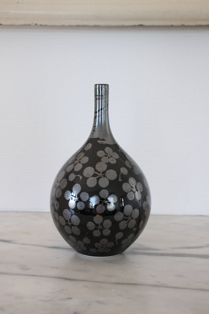 Vintage Black Arita Porcelain Vase with Plum Blossoms