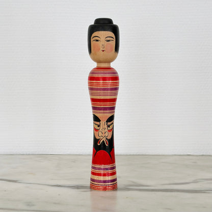 Pair of Vintage Japanese Kokeshi Doll Black Flower and Red Daruma
