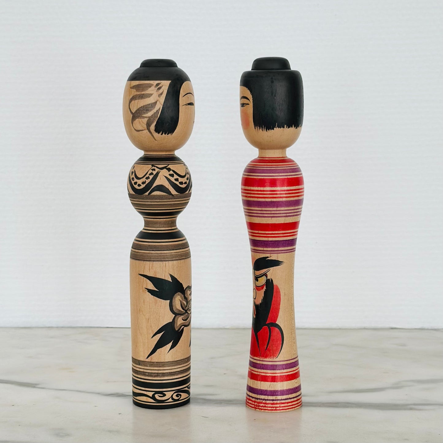 Pair of Vintage Japanese Kokeshi Doll Black Flower and Red Daruma