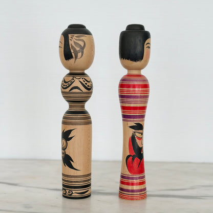 Pair of Vintage Japanese Kokeshi Doll Black Flower and Red Daruma
