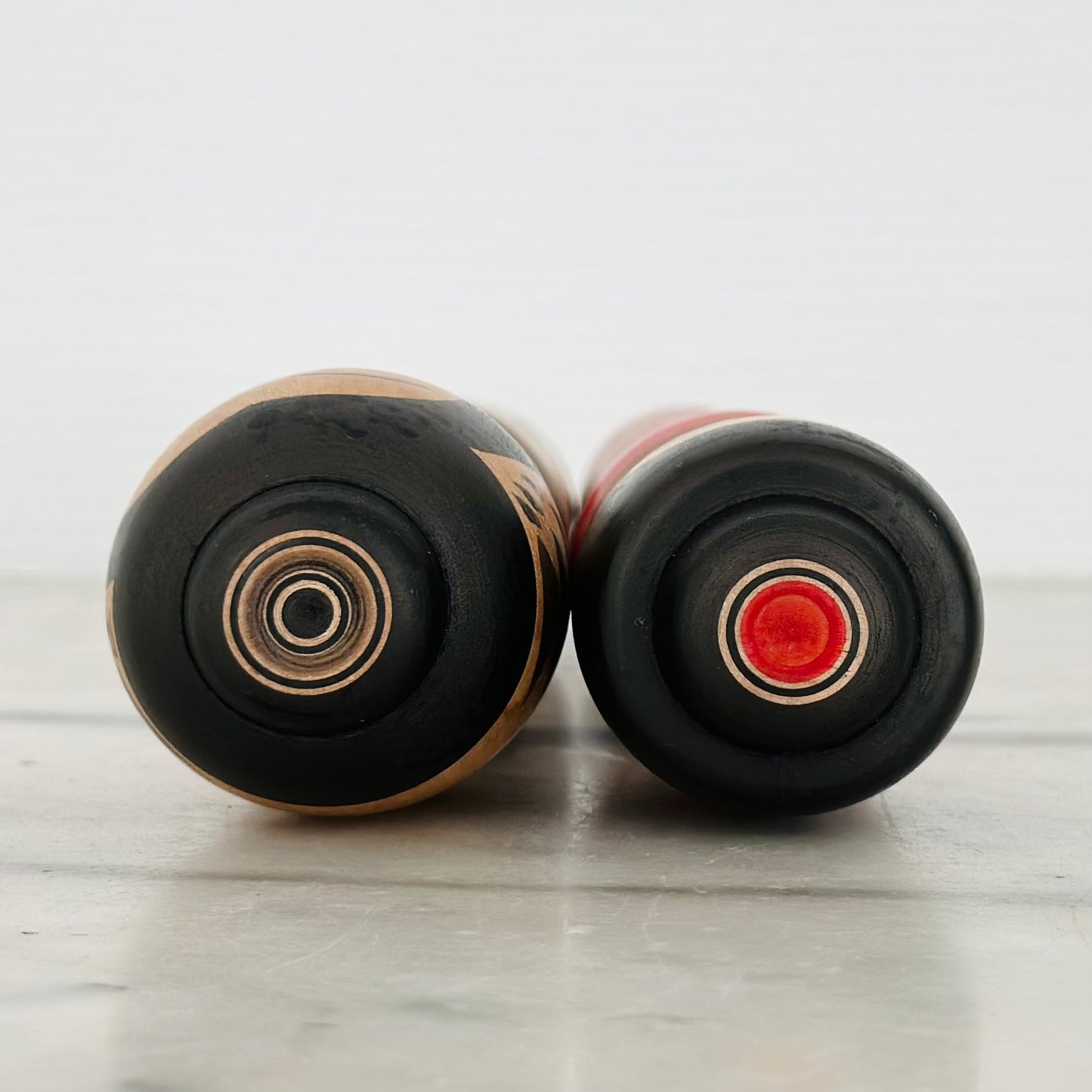 Pair of Vintage Japanese Kokeshi Doll Black Flower and Red Daruma