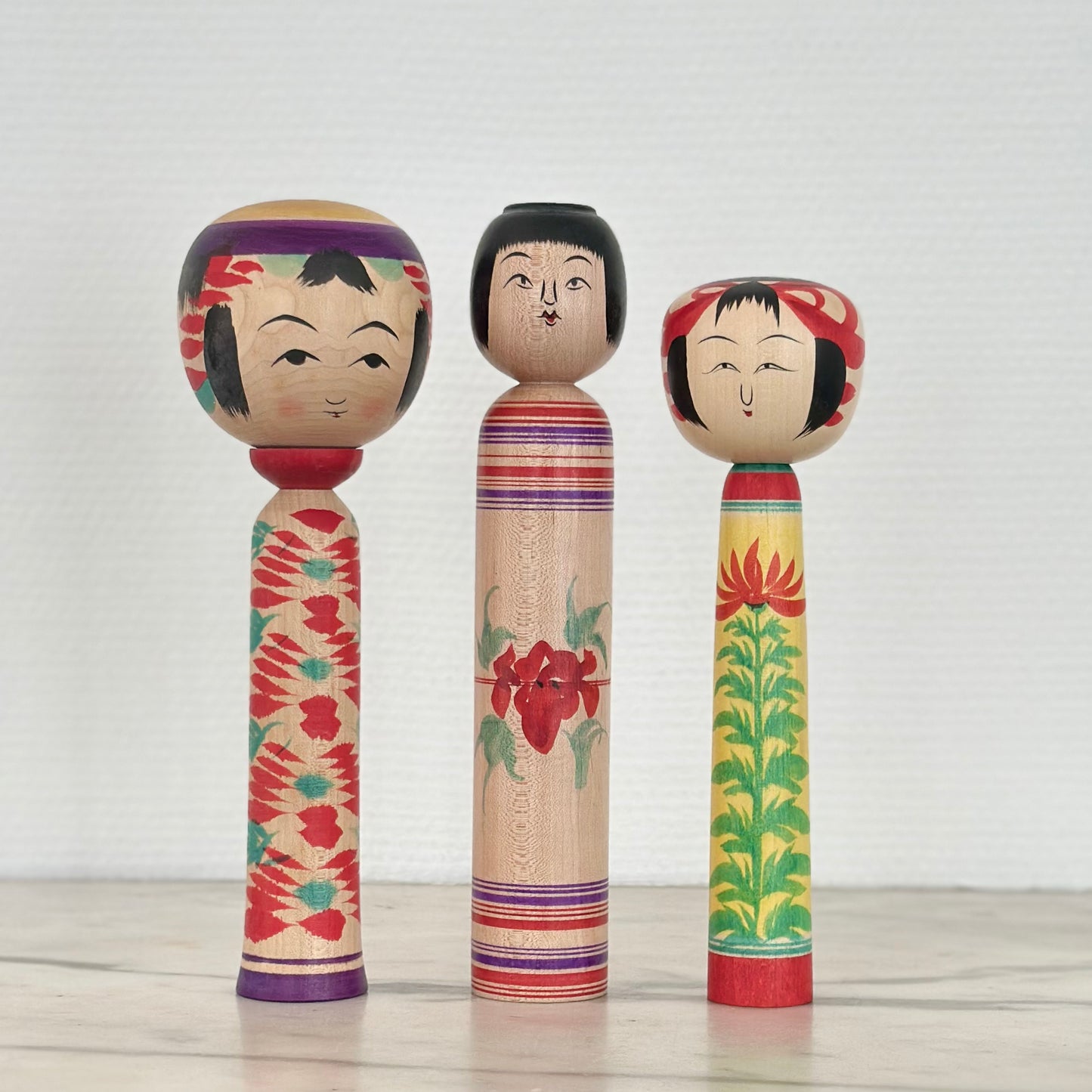 Set of 3 Vintage Japanese Kokeshi Doll Colorful