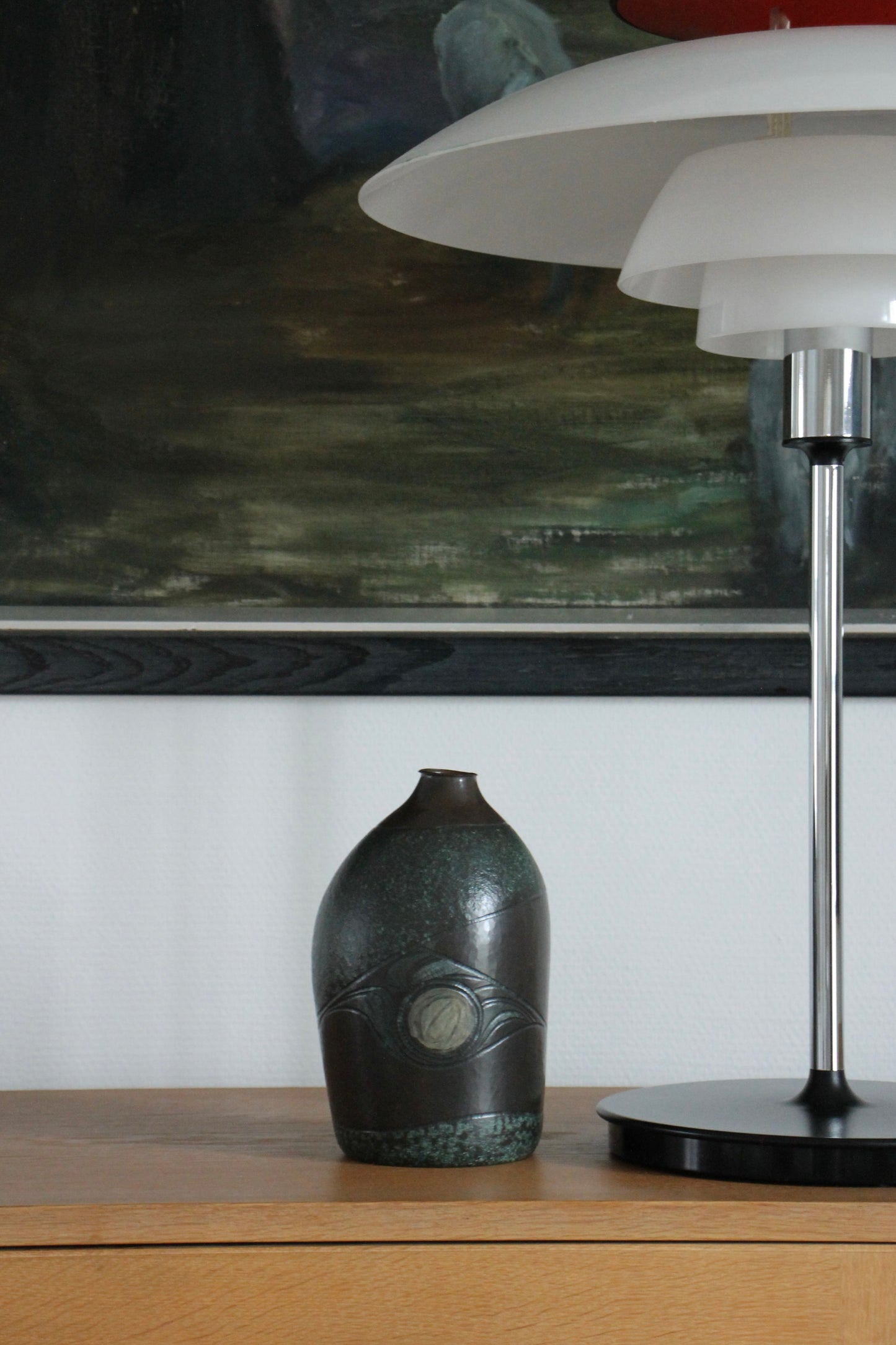 Vintage Japanese Bronze Vase with Moon and Wave Motif