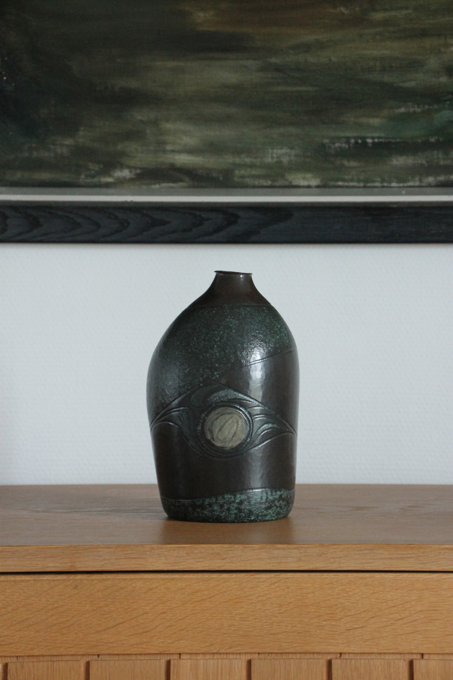 Vintage Japanese Bronze Vase with Moon and Wave Motif
