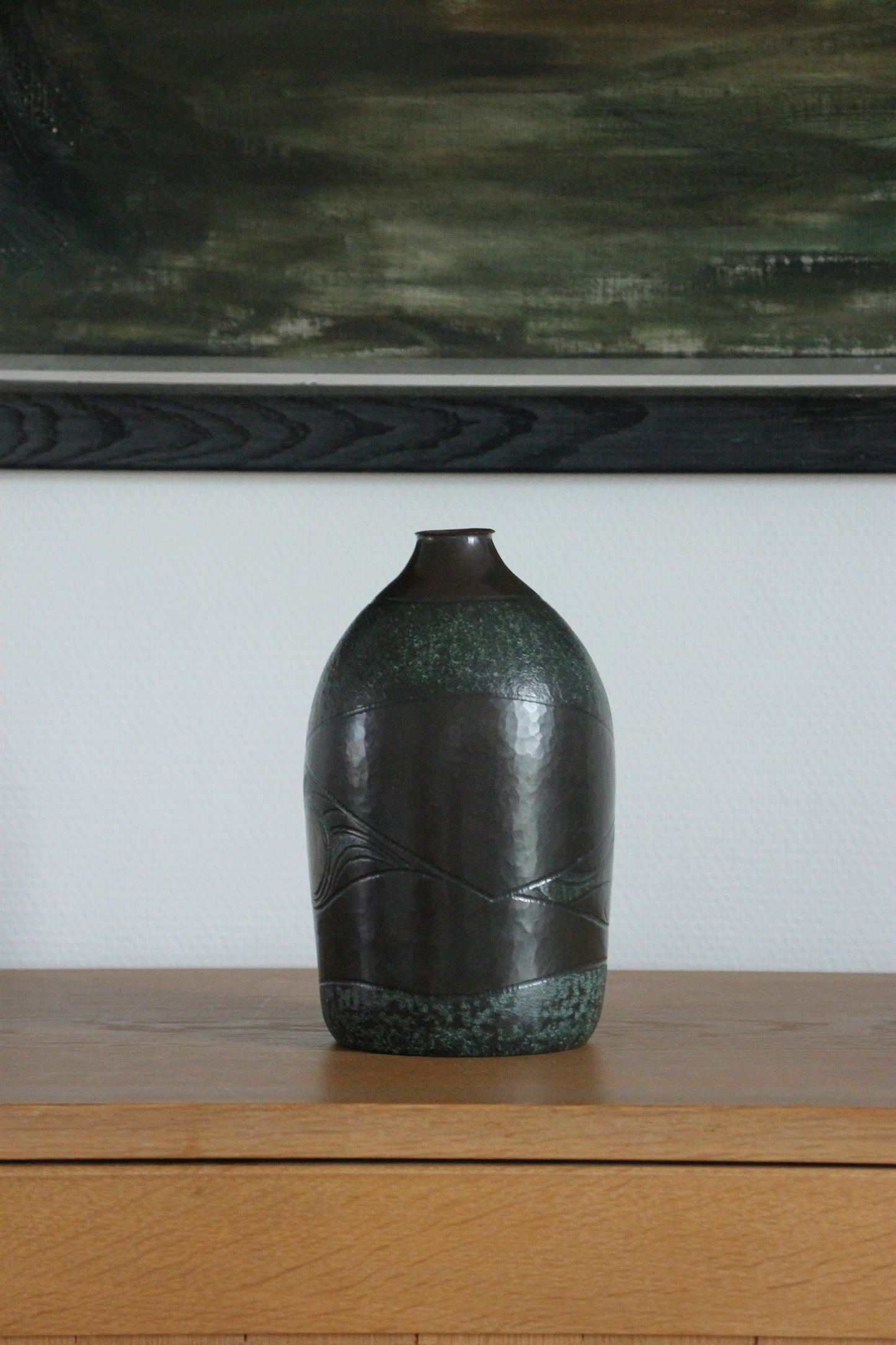 Vintage Japanese Bronze Vase with Moon and Wave Motif