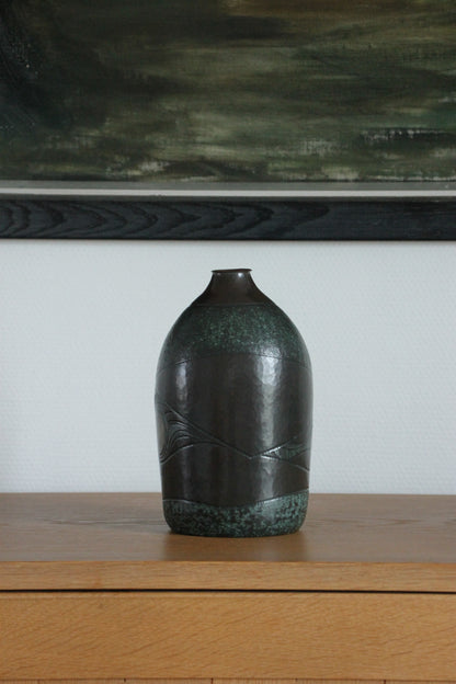 Vintage Japanese Bronze Vase with Moon and Wave Motif