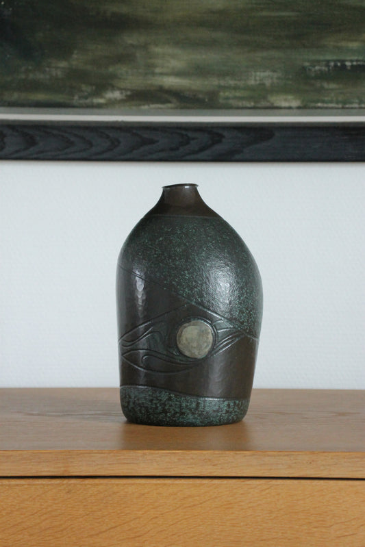Vintage Japanese Bronze Vase with Moon and Wave Motif