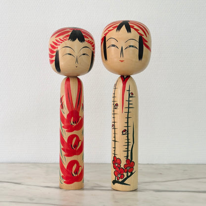 Pair of Vintage Japanese Kokeshi Doll Floral