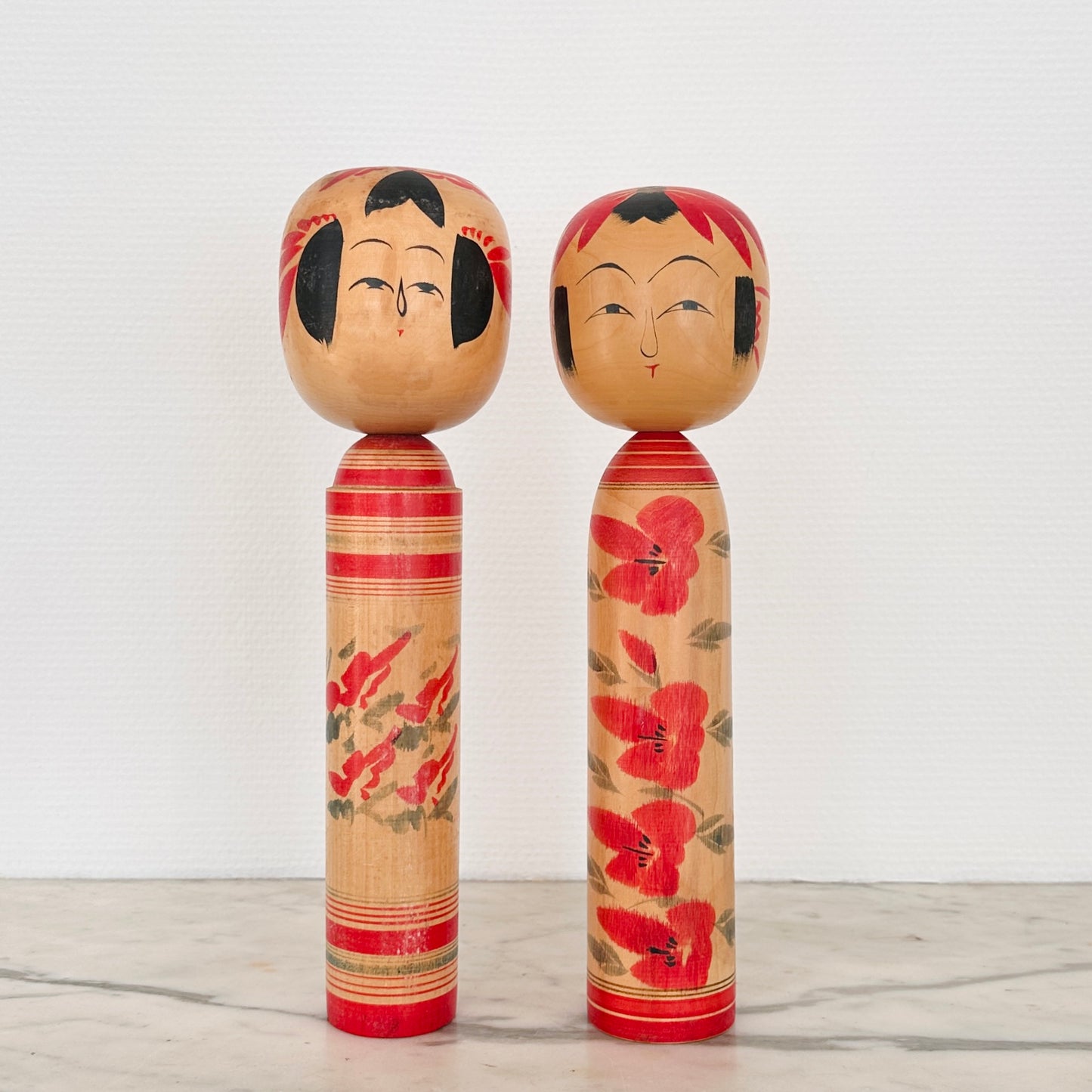 Pair of Vintage Japanese Kokeshi Doll Floral
