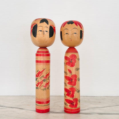 Pair of Vintage Japanese Kokeshi Doll Floral