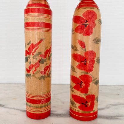 Pair of Vintage Japanese Kokeshi Doll Floral