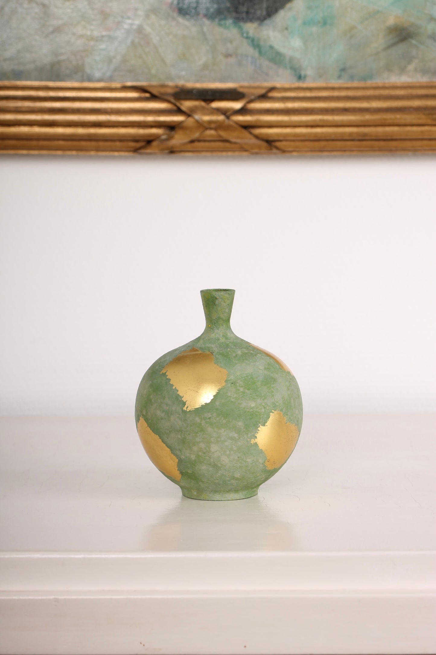 Vintage Japanese Bronze Bud Vase with Green Patina and Gold Leaf Accents