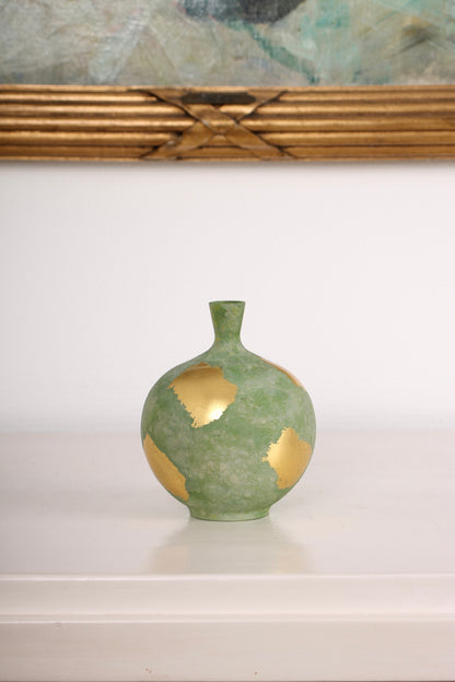 Vintage Japanese Bronze Bud Vase with Green Patina and Gold Leaf Accents