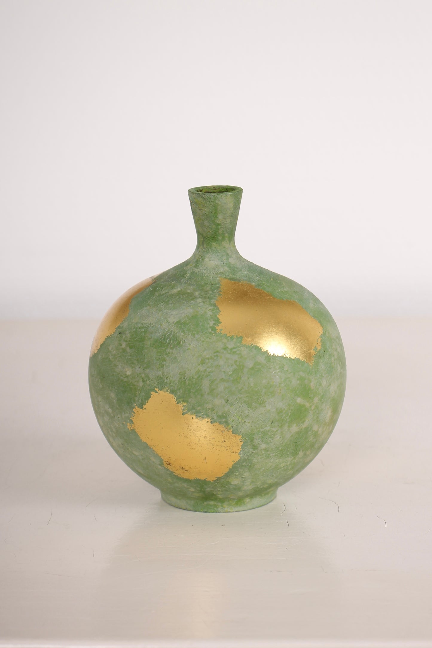 Vintage Japanese Bronze Bud Vase with Green Patina and Gold Leaf Accents