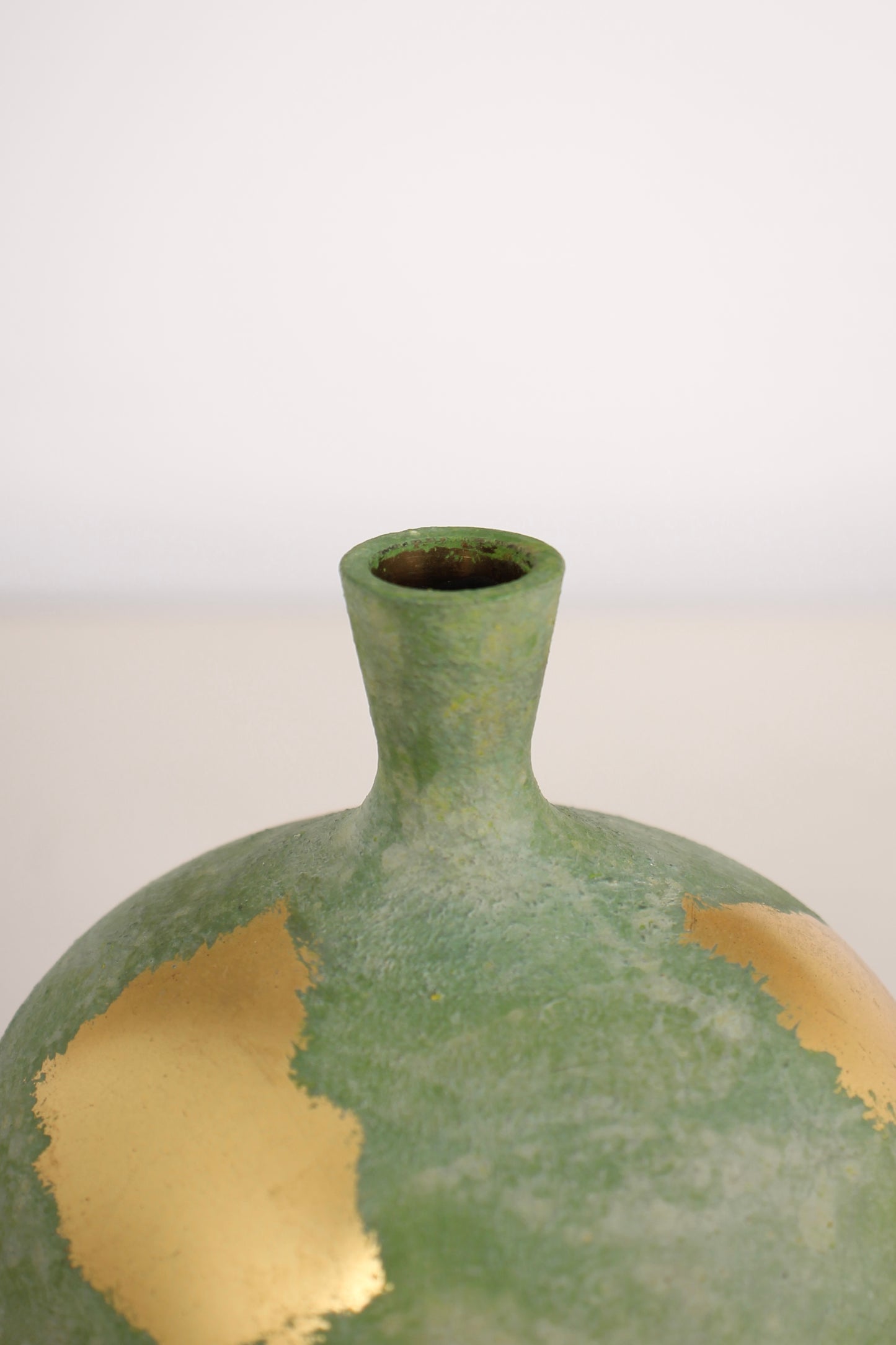 Vintage Japanese Bronze Bud Vase with Green Patina and Gold Leaf Accents