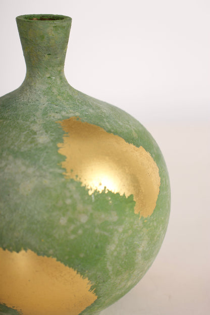 Vintage Japanese Bronze Bud Vase with Green Patina and Gold Leaf Accents