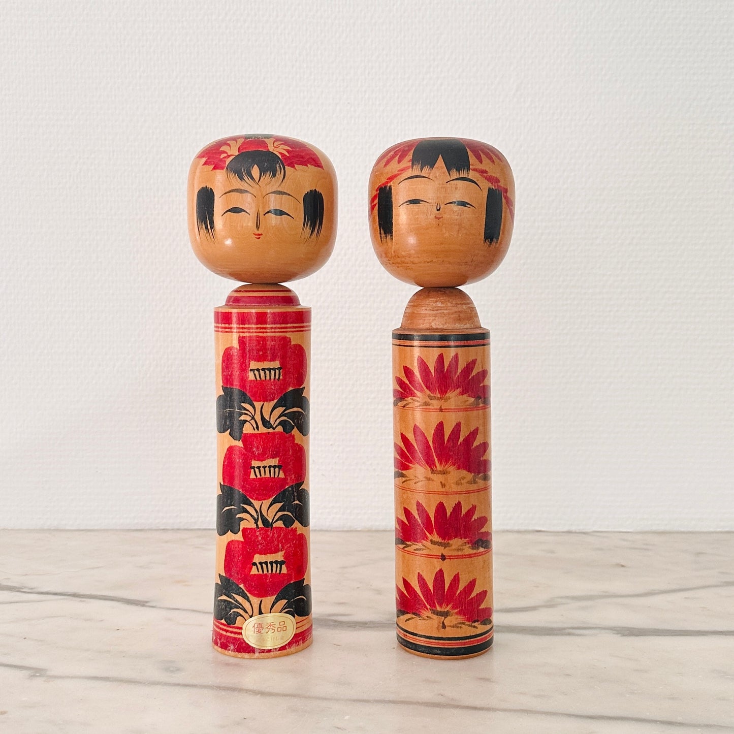 Pair of Vintage Japanese Kokeshi Dolls Red Floral