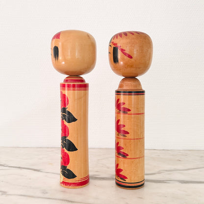 Pair of Vintage Japanese Kokeshi Dolls Red Floral