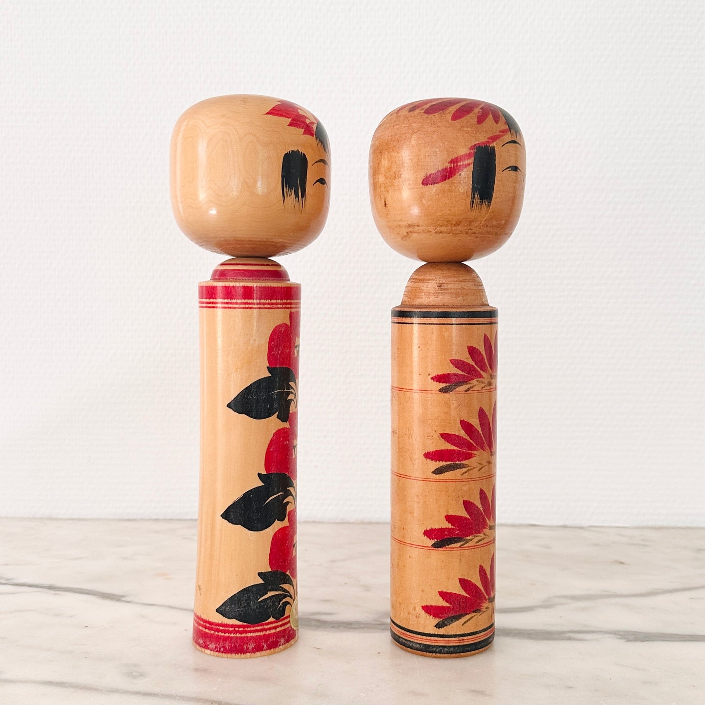 Pair of Vintage Japanese Kokeshi Dolls Red Floral