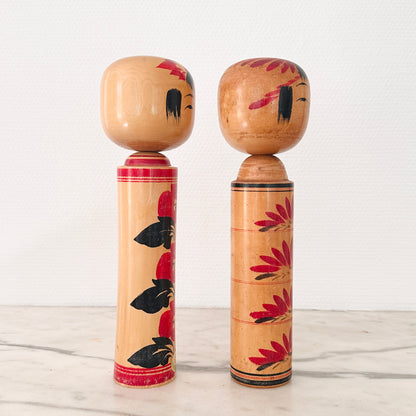 Pair of Vintage Japanese Kokeshi Dolls Red Floral