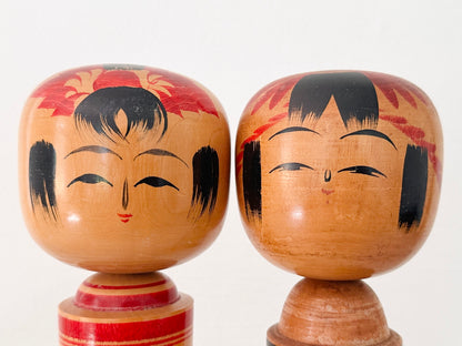 Pair of Vintage Japanese Kokeshi Dolls Red Floral