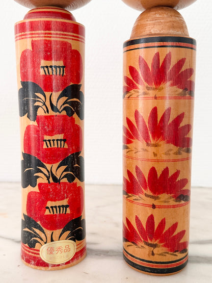 Pair of Vintage Japanese Kokeshi Dolls Red Floral