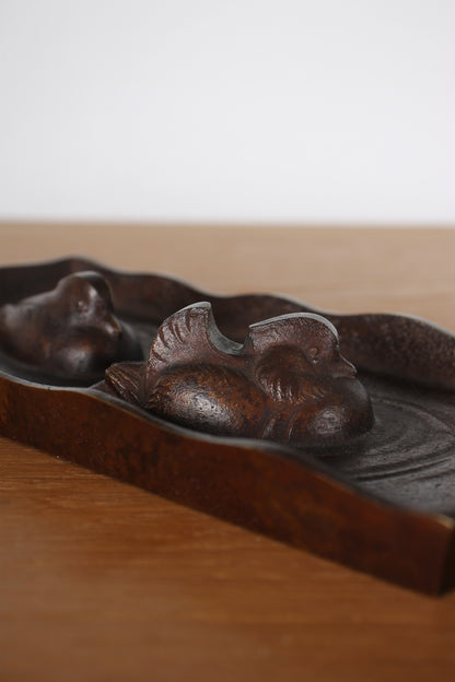Vintage Japanese Bronze Decorative Tray with Mandarin Ducks