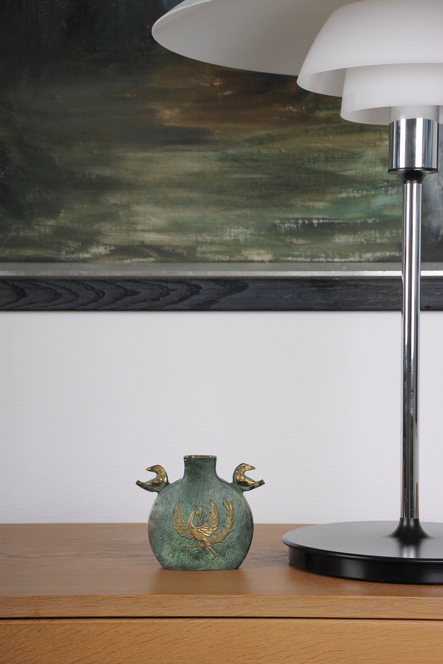Vintage Japanese Bronze Vase Green with Gold Phoenix