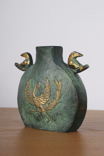 Vintage Japanese Bronze Vase Green with Gold Phoenix