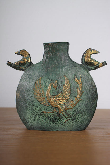 Vintage Japanese Bronze Vase Green with Gold Phoenix