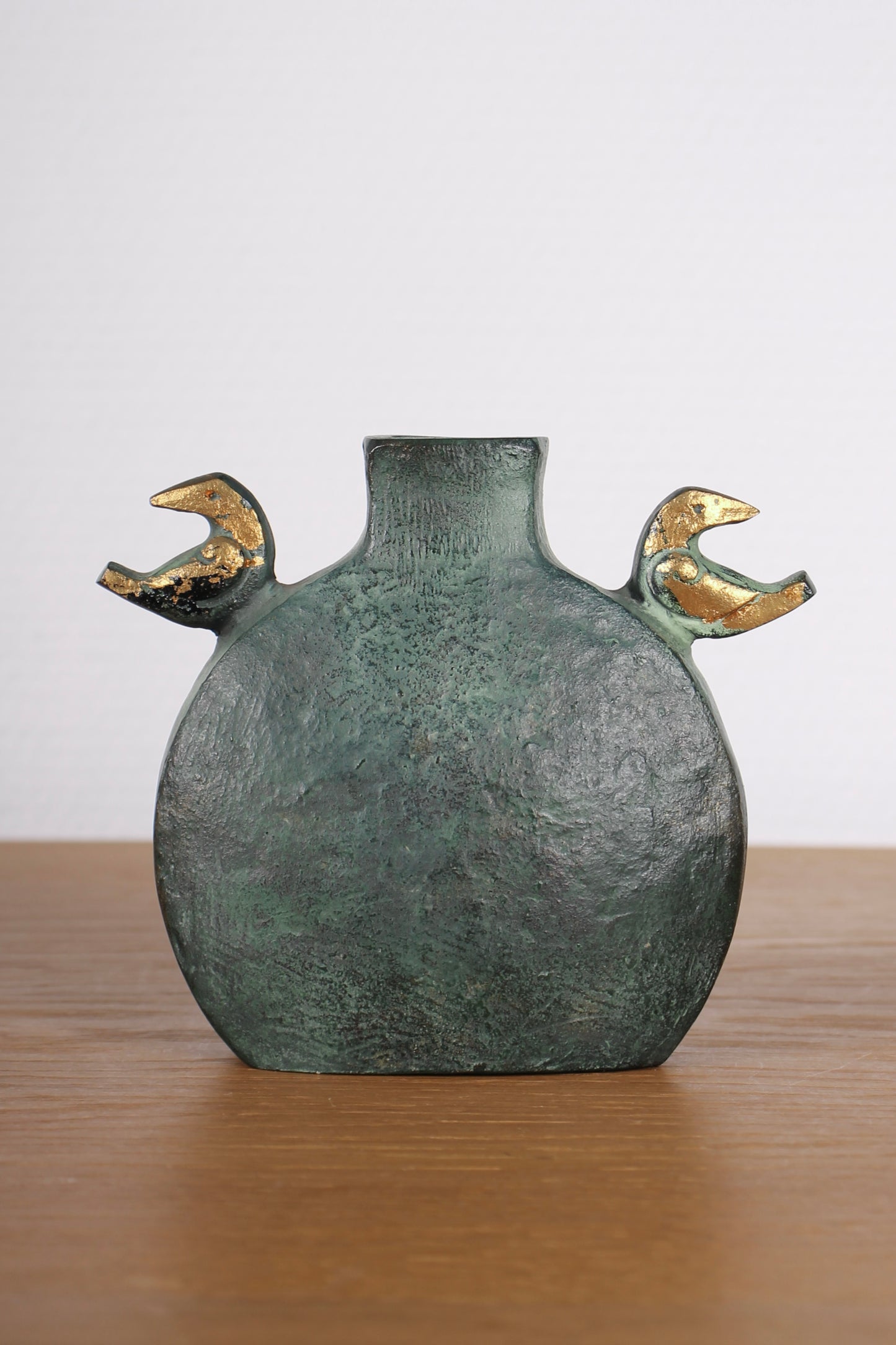 Vintage Japanese Bronze Vase Green with Gold Phoenix