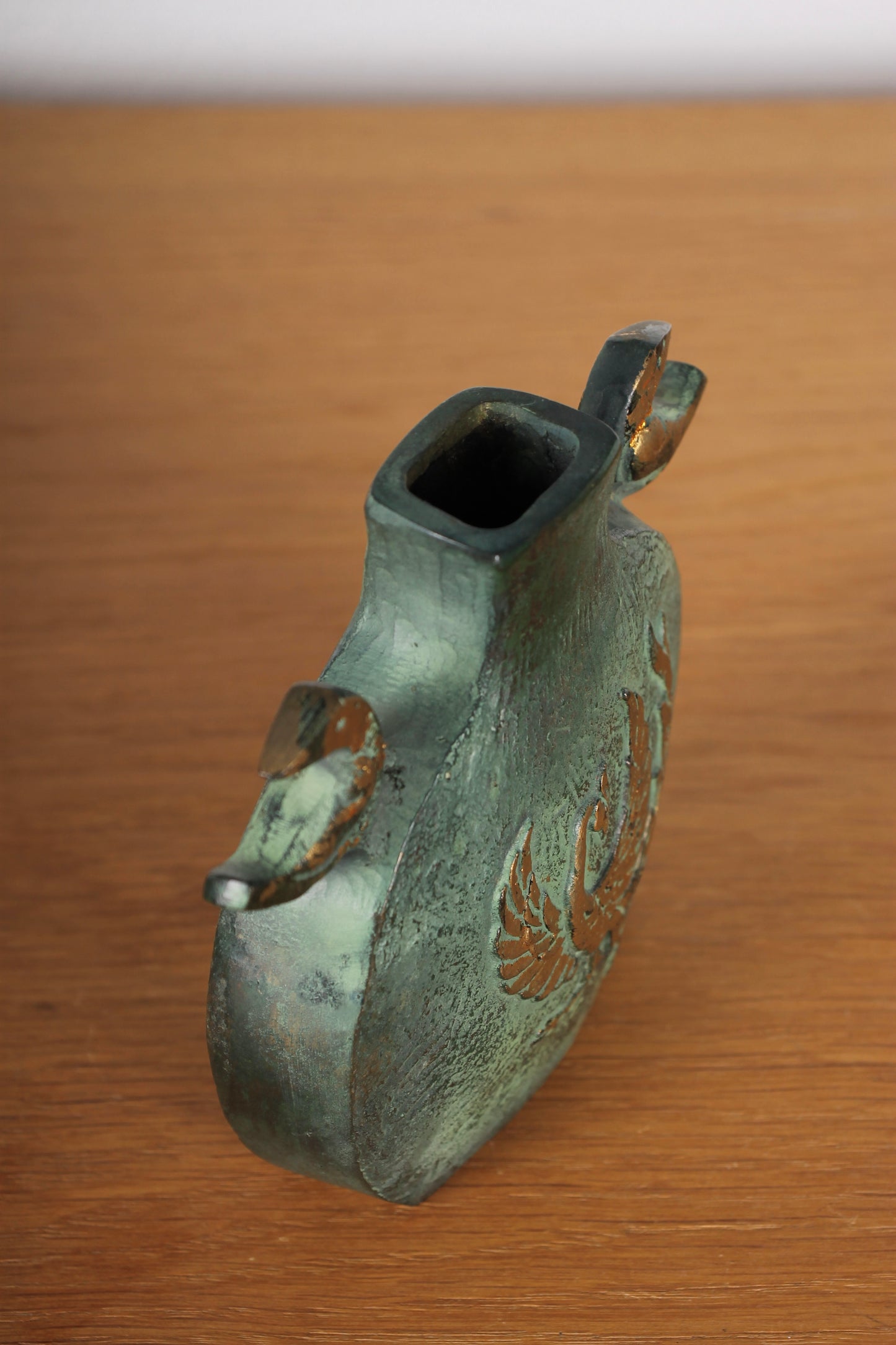 Vintage Japanese Bronze Vase Green with Gold Phoenix