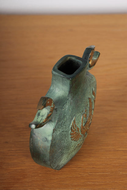 Vintage Japanese Bronze Vase Green with Gold Phoenix
