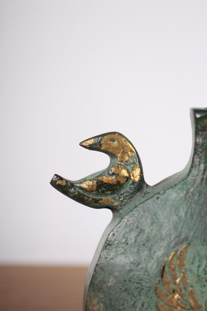 Vintage Japanese Bronze Vase Green with Gold Phoenix