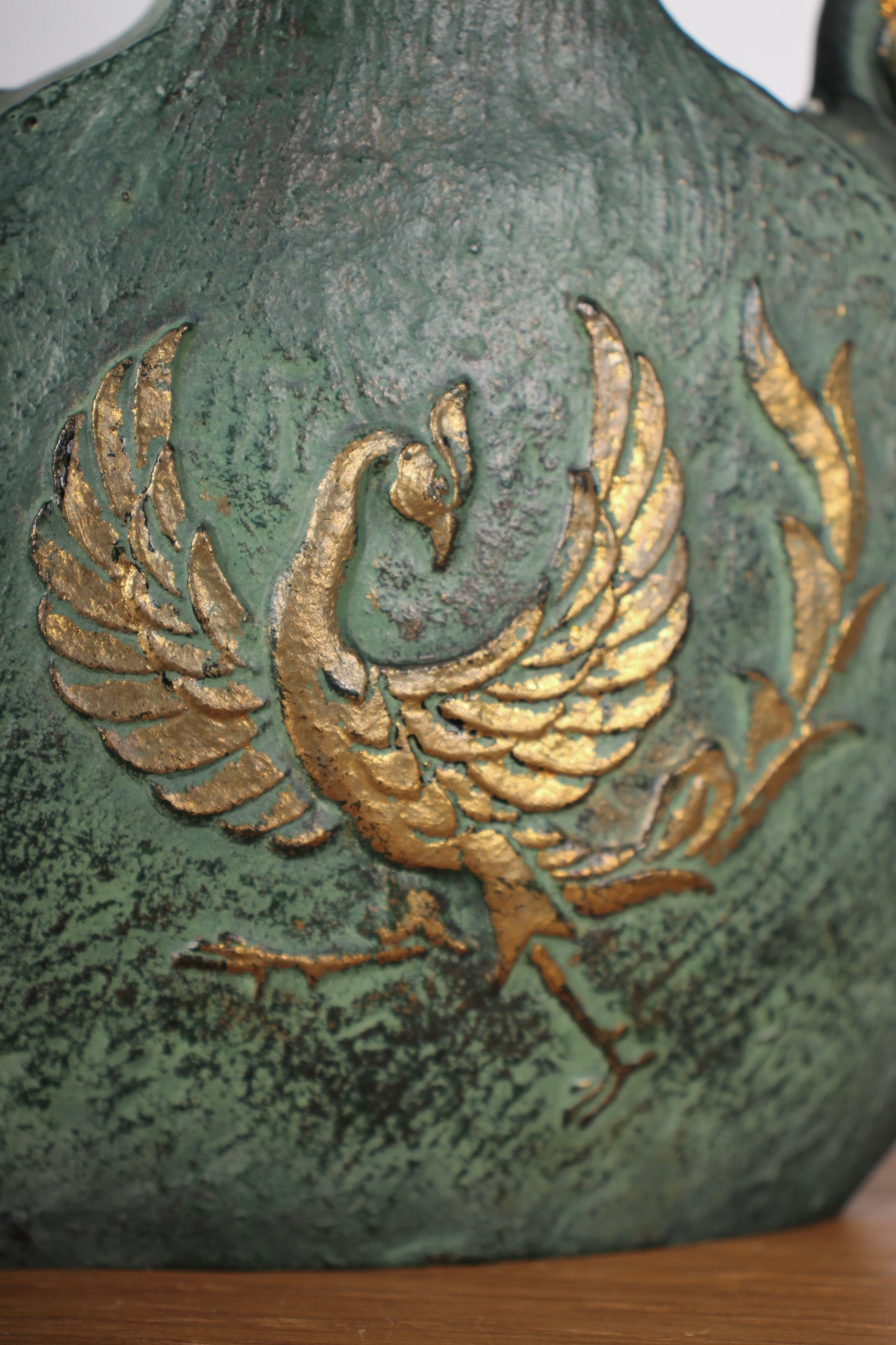 Vintage Japanese Bronze Vase Green with Gold Phoenix