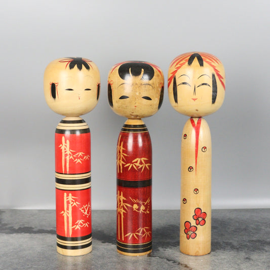 Set of 3 Kokeshi Dolls Bamboo and Plum Blossoms