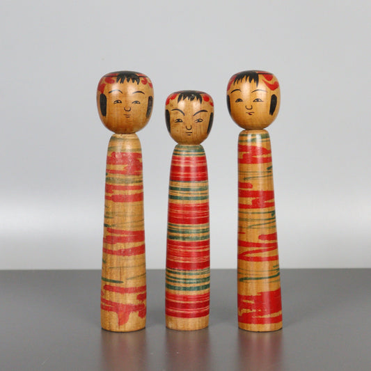 Set of 3 Kokeshi Dolls Dark Wood Stripes